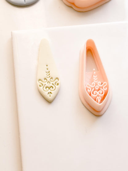 Ornate Long Drop Polymer Clay Cutter Swirl Engraved Shape for Statement Earrings & Jewelry