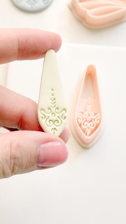 Ornate Long Drop Polymer Clay Cutter Swirl Engraved Shape for Statement Earrings & Jewelry