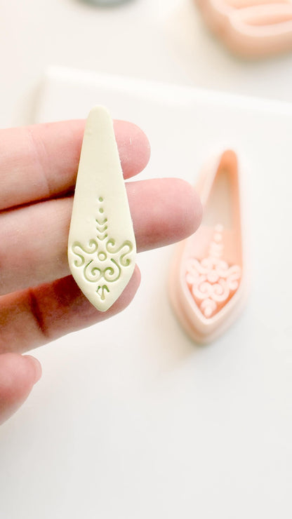 Ornate Long Drop Polymer Clay Cutter Swirl Engraved Shape for Statement Earrings & Jewelry