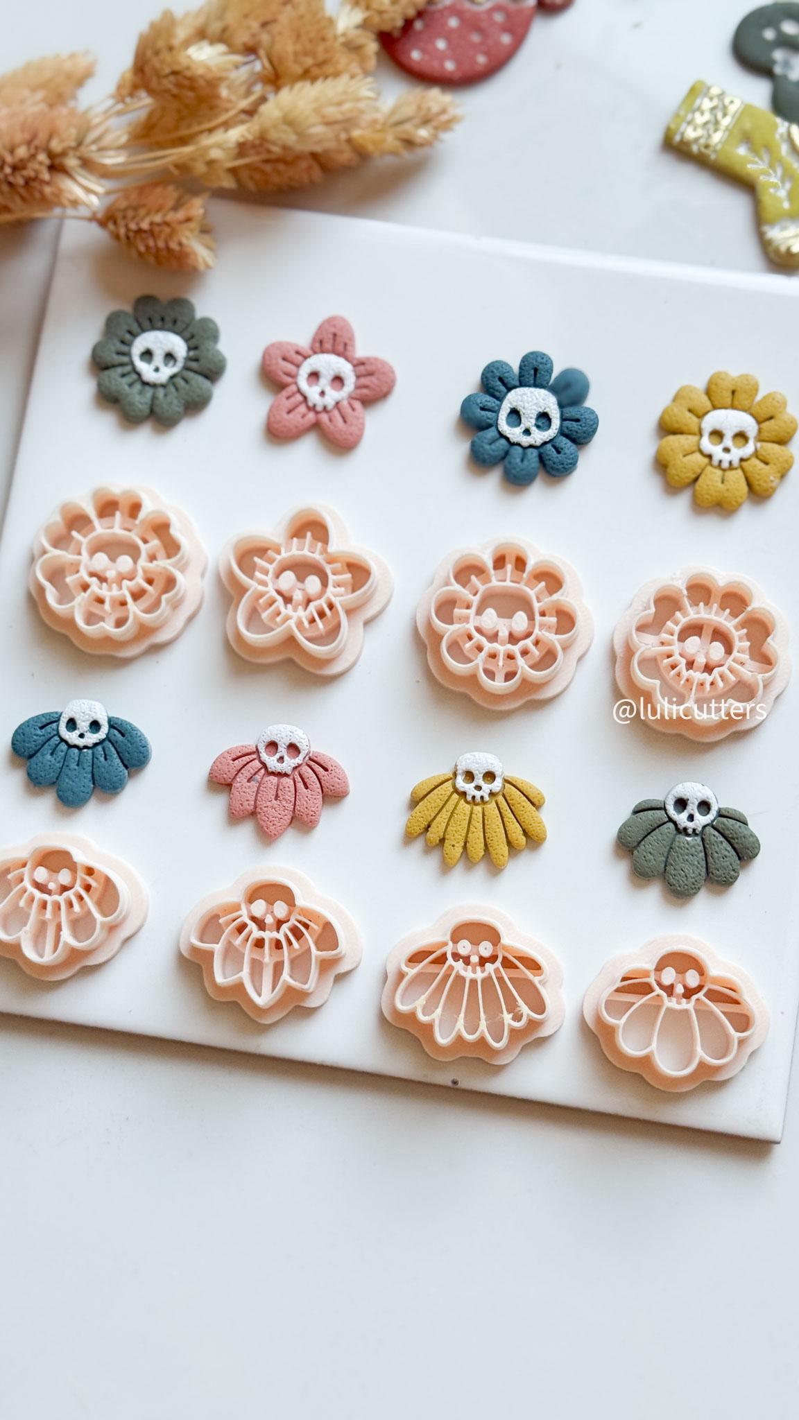 Halloween Skull Flower Clay Earring Cutter Set Spooky Floral Jewelry Tools