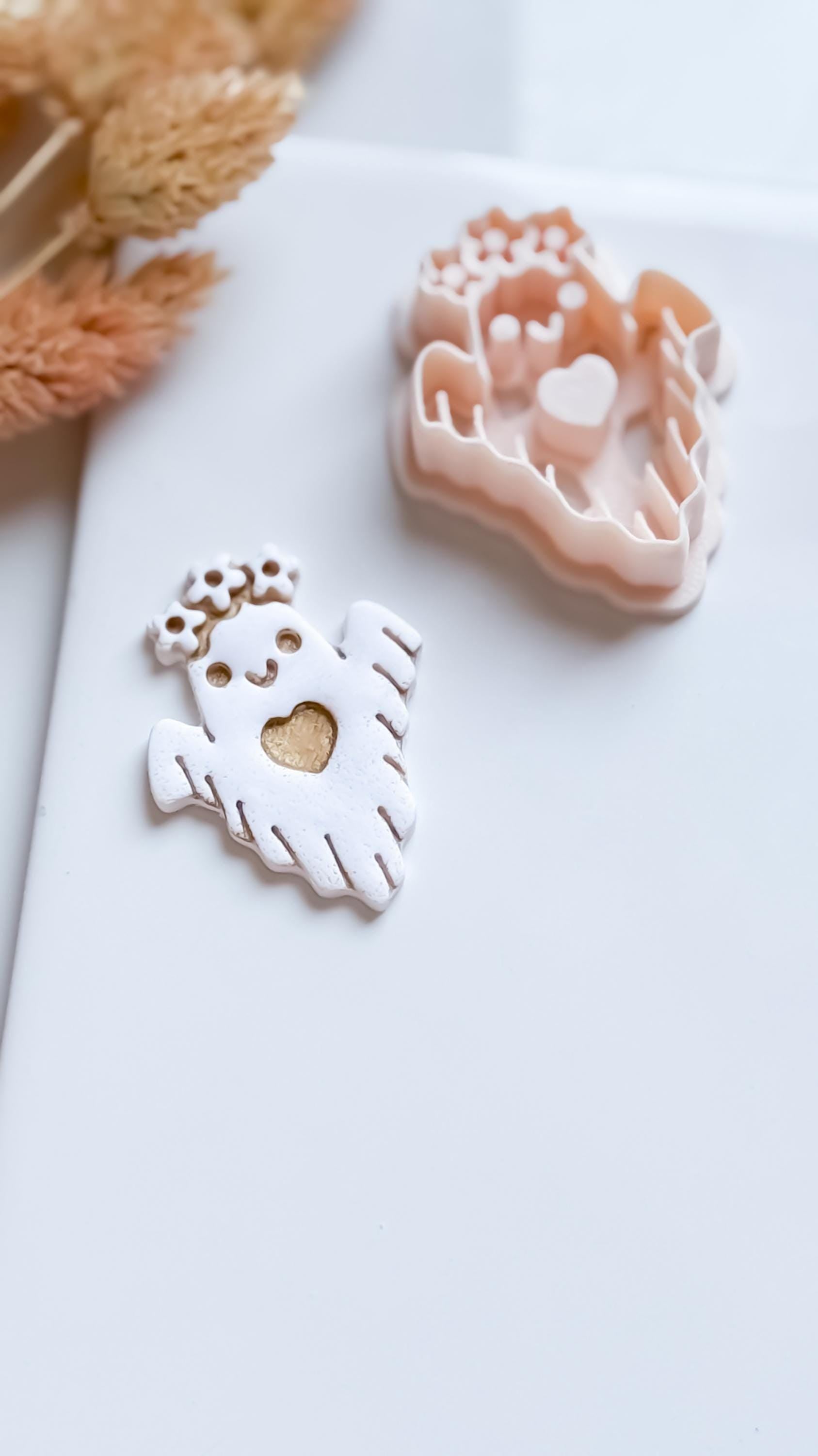 Floral Ghost Cutter: Polymer Clay Mold, Halloween Jewelry (40mm Design 00913