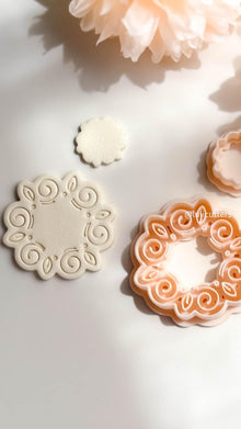 Swirl Floral Clay Cutter Set Faux Ceramic Style with Topper + Imprint Base