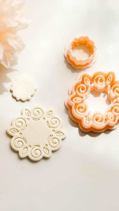 Swirl Floral Clay Cutter Set Faux Ceramic Style with Topper + Imprint Base