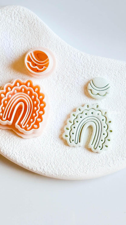 Scalloped Arch Clay Earring Cutter Set Includes Dotted Imprint Base + Circle Topper