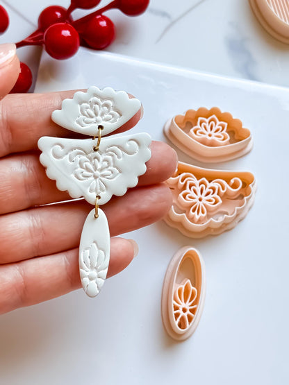 Floral Fan Polymer Clay Cutter Set Elegant Embossed Earring Shapes