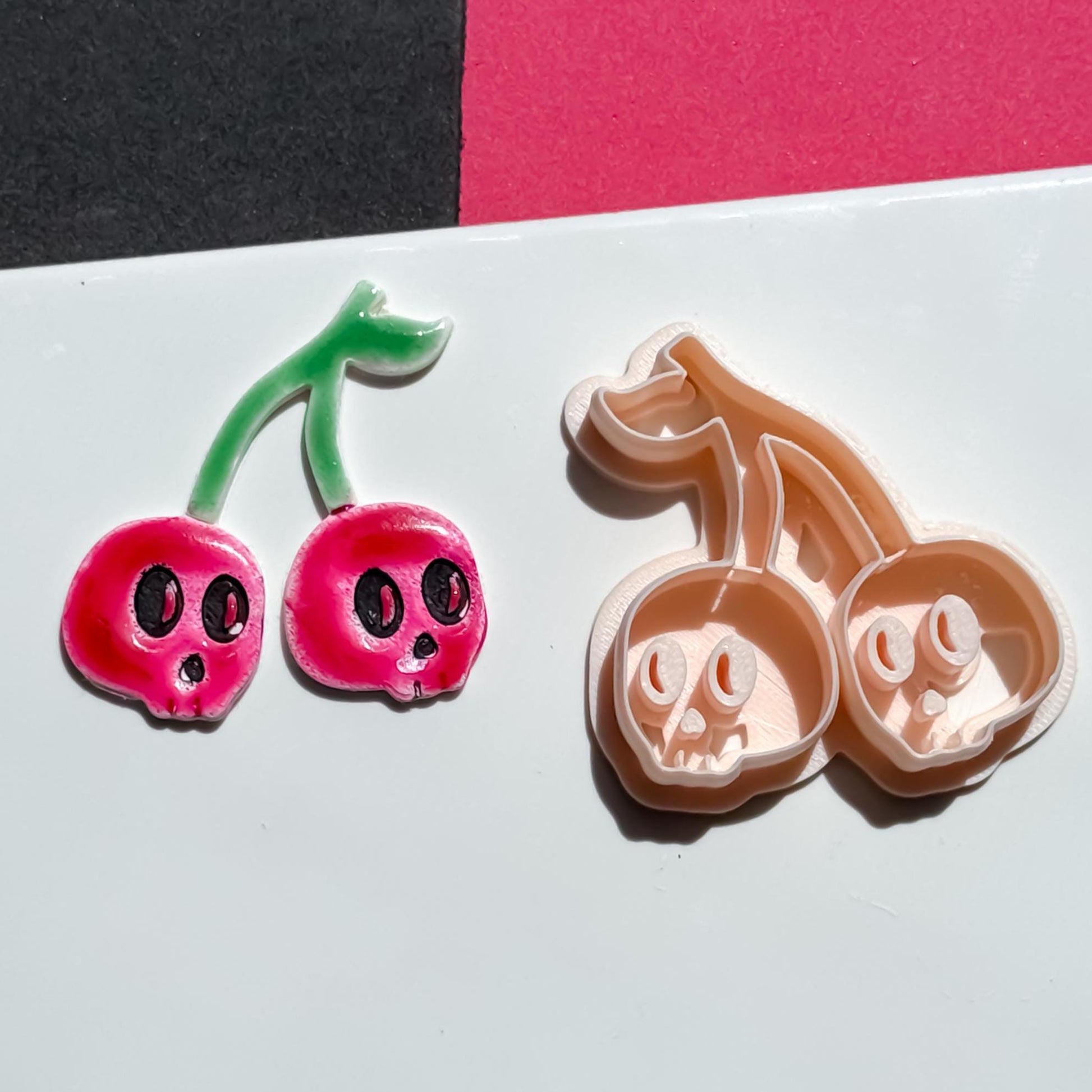 Cherry Skull Clay Cutter 45 mm Halloween Earring Cutter with Double Skulls & Stem Detail