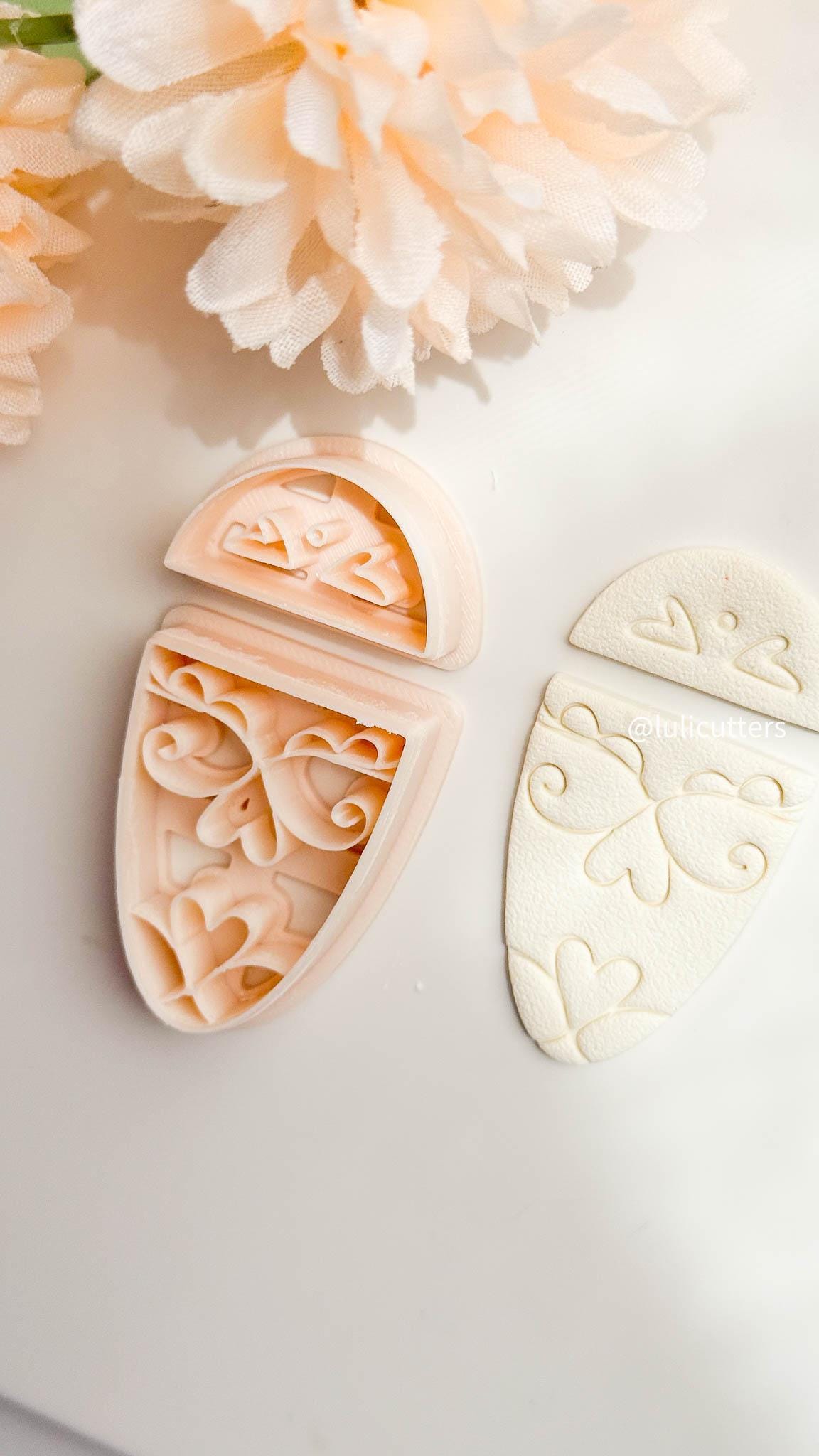 Heart Scroll Earring Cutter Set Includes Top Half-Circle + Faux Ceramic Base