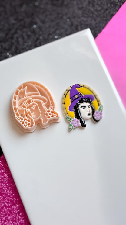 Witch Portrait Clay Cutter: Halloween Floral Hat Cameo Mold