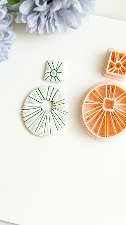 Sunburst Circle Clay Earring Cutter Set Includes Square Topper + Radiating Debossed Round Base