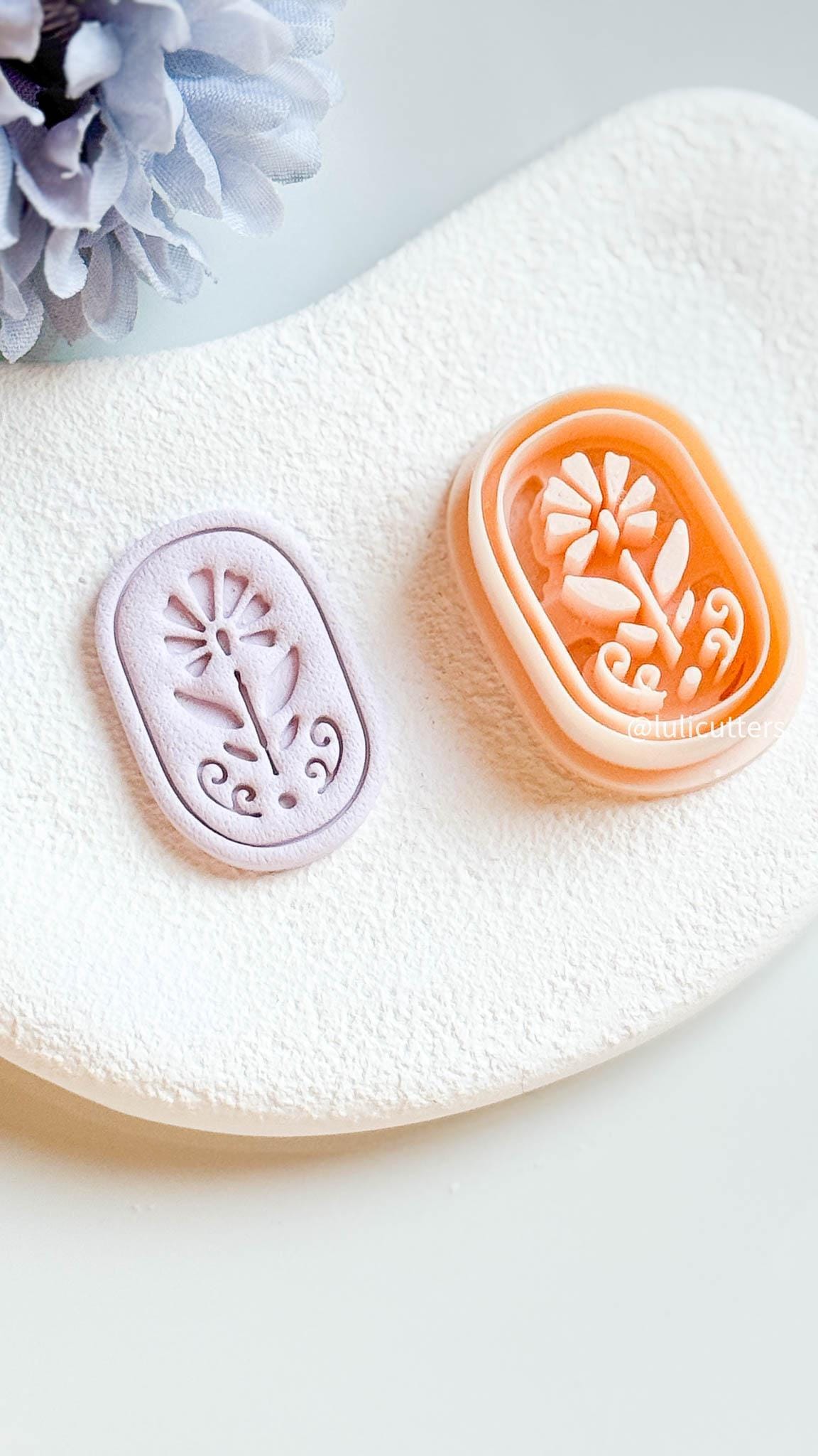 Floral Clay Earring Cutter Oval Imprint Cutter with Folk-Inspired Flower Design