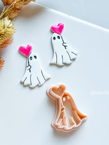 Ghost Holding Heart Balloon Clay Earring Cutter: Halloween Valentine Charm