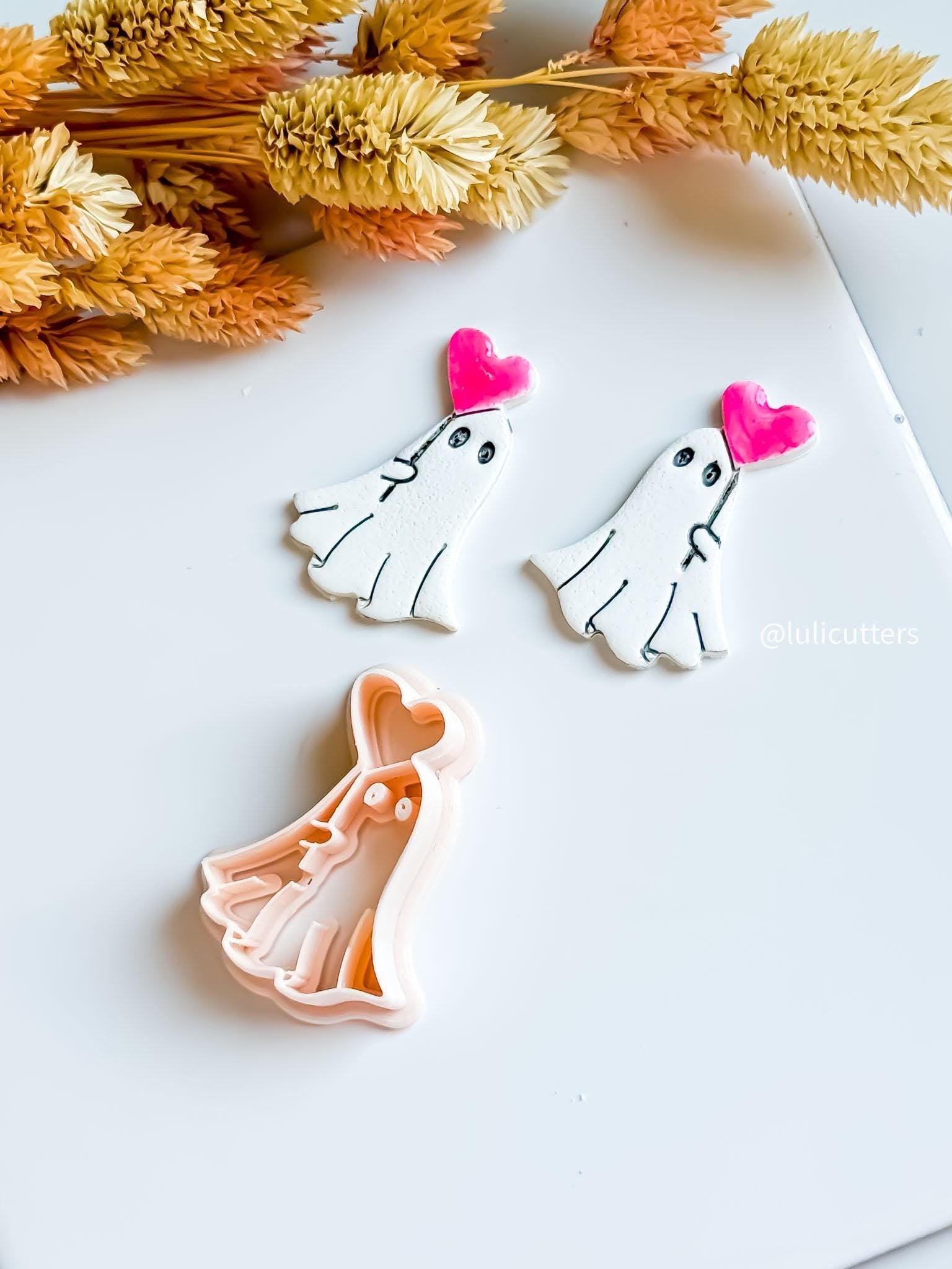 Ghost Holding Heart Balloon Clay Earring Cutter: Halloween Valentine Charm