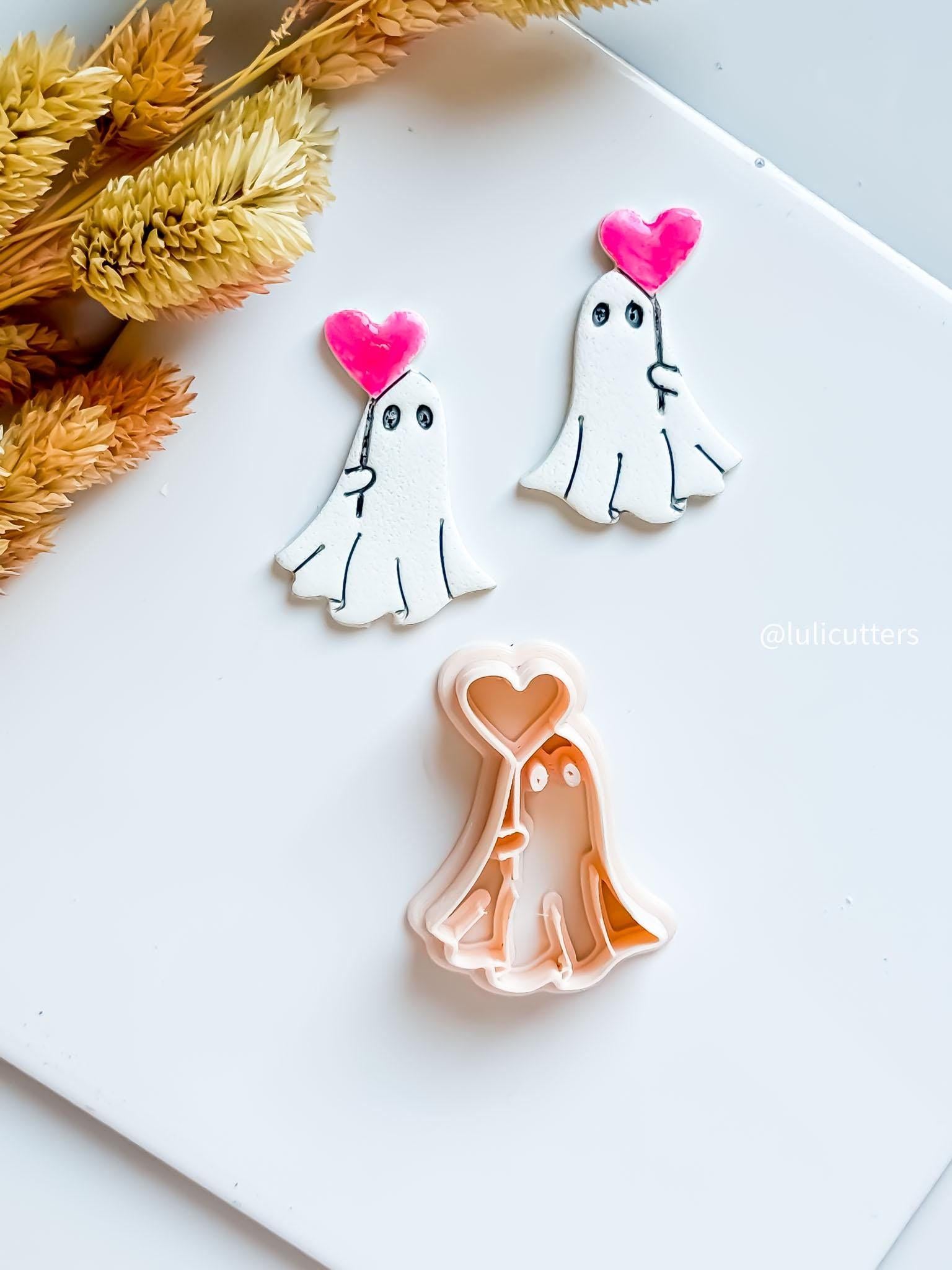 Ghost Holding Heart Balloon Clay Earring Cutter: Halloween Valentine Charm