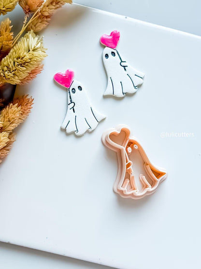 Ghost Holding Heart Balloon Clay Earring Cutter: Halloween Valentine Charm