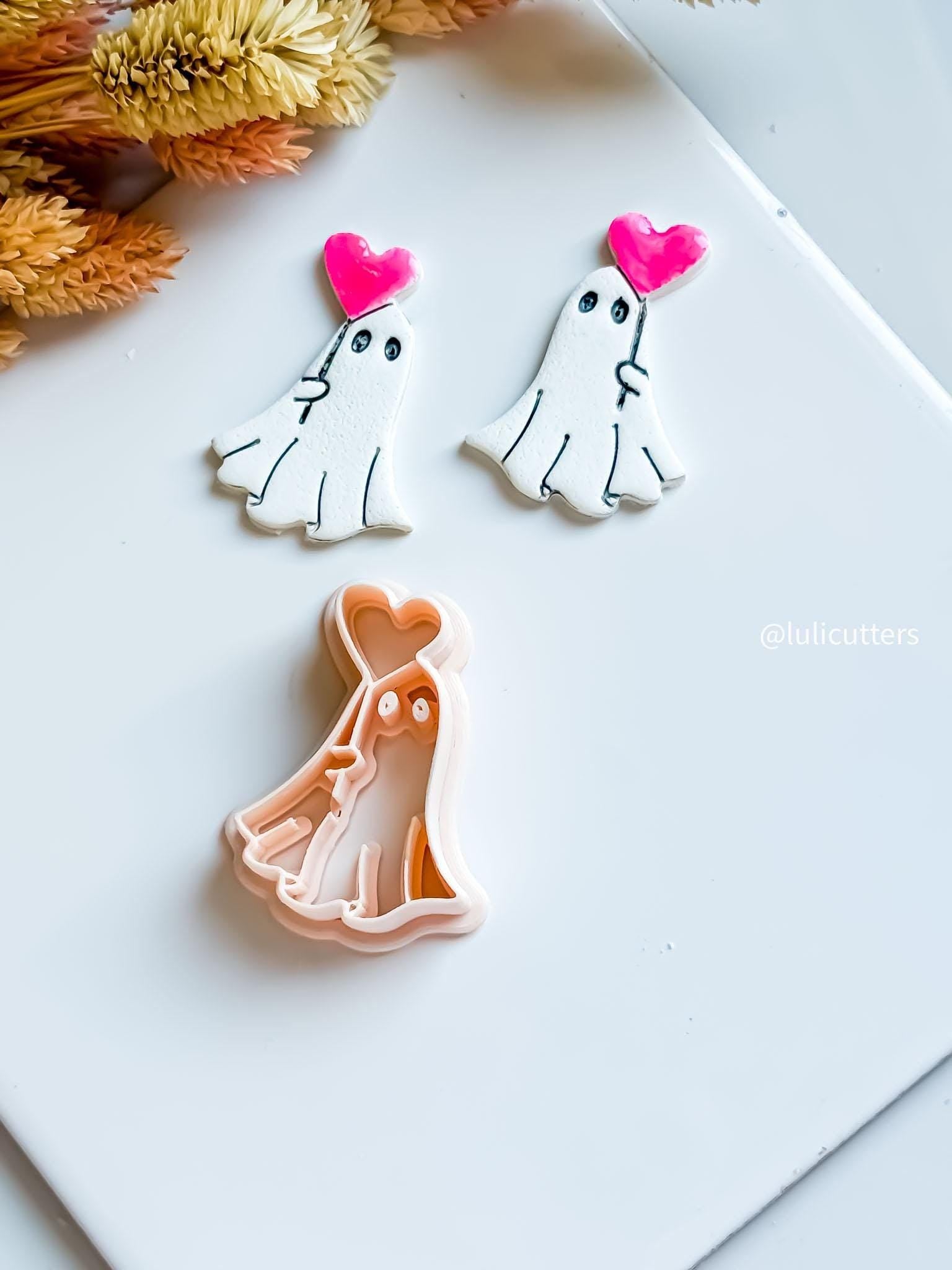 Ghost Holding Heart Balloon Clay Earring Cutter: Halloween Valentine Charm