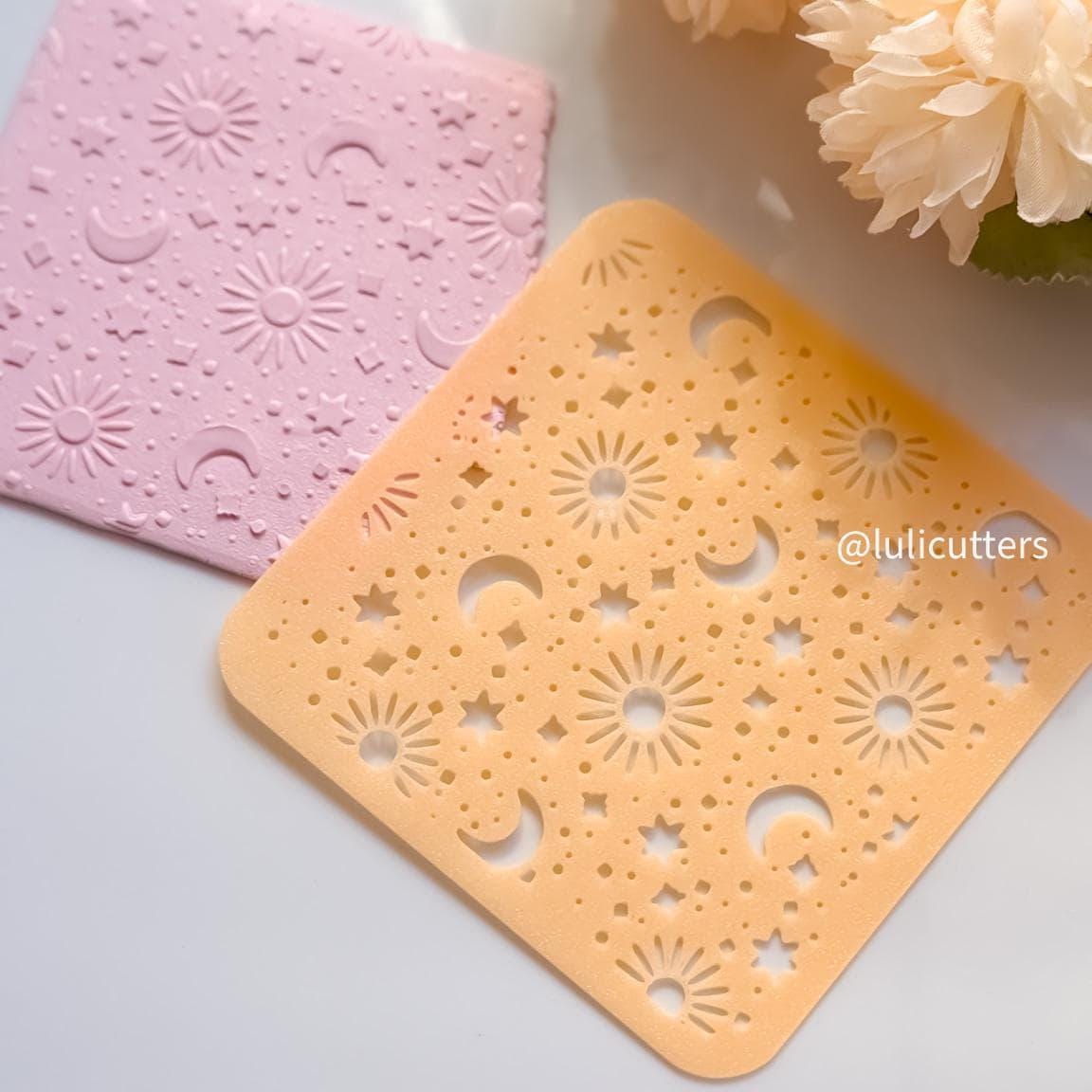 Sun Moon Stars Polymer Clay Stencil Celestial Texture Sheet for Jewelry, Earrings, and Crafts