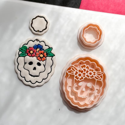 Floral Skull Cutter Set Day of the Dead Polymer Clay Mold Sugar Skull Jewelry Tool 40 mm Base + 16 mm Topper