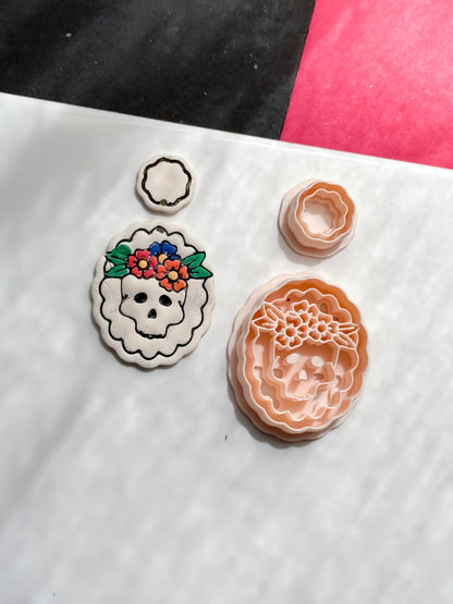 Floral Skull Cutter Set Day of the Dead Polymer Clay Mold Sugar Skull Jewelry Tool 40 mm Base + 16 mm Topper
