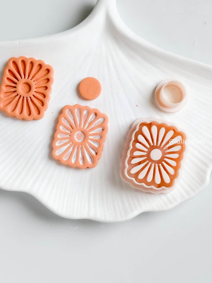 Scalloped Daisy Burst Polymer Clay Cutter Set Floral Square with Matching Center Circle
