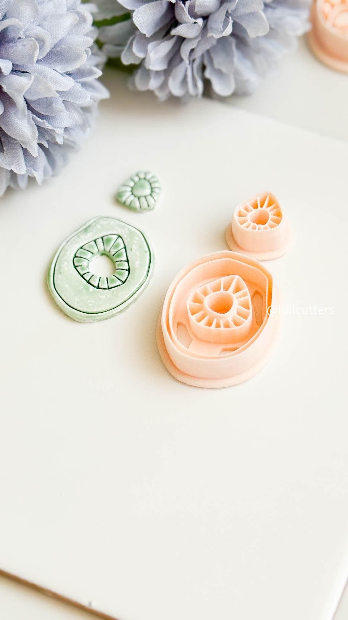Organic Shape Clay Earring Cutter Set Includes Oval Topper + Abstract Base with Radiating Imprint