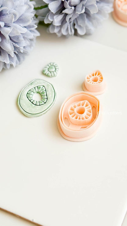 Organic Shape Clay Earring Cutter Set Includes Oval Topper + Abstract Base with Radiating Imprint
