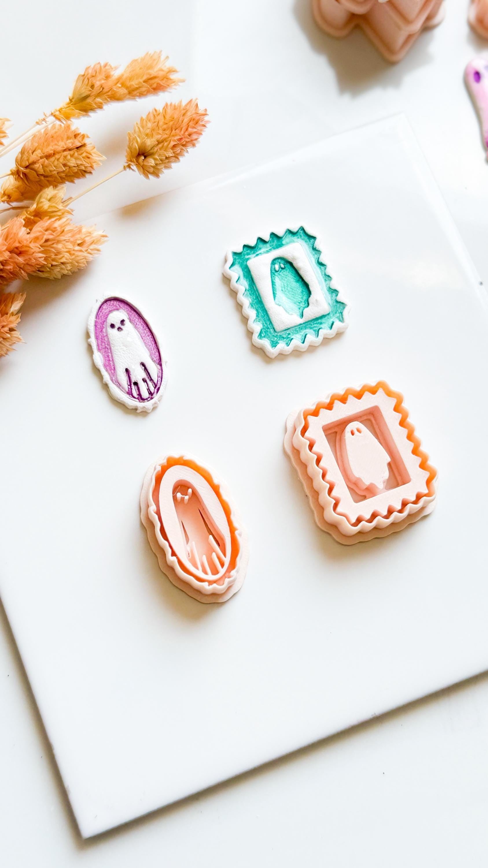 Framed & Oval Ghost Cutters Halloween Stamp-Style Polymer Clay Earring Mold Set (2 Design Options)
