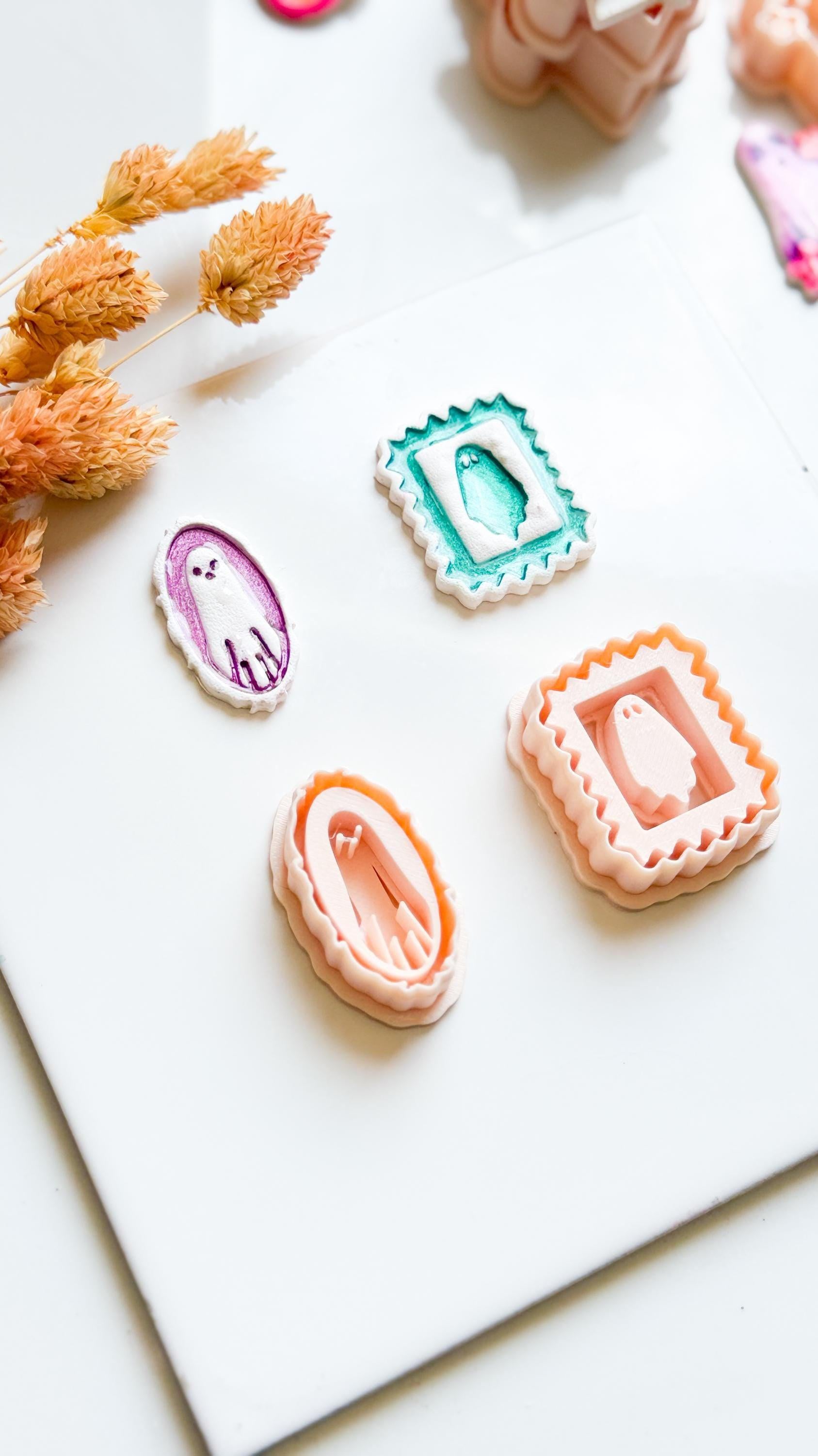 Framed & Oval Ghost Cutters Halloween Stamp-Style Polymer Clay Earring Mold Set (2 Design Options)