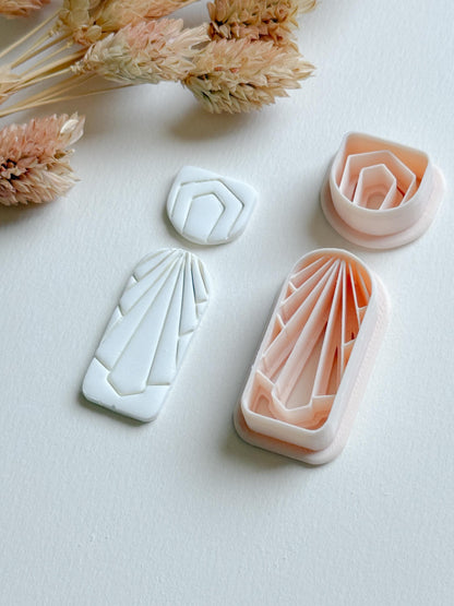 Art Deco Clay Cutter Set: Geometric Jewelry Molds - 34mm Base, 14mm Topper