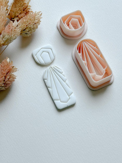 Art Deco Clay Cutter Set: Geometric Jewelry Molds - 34mm Base, 14mm Topper