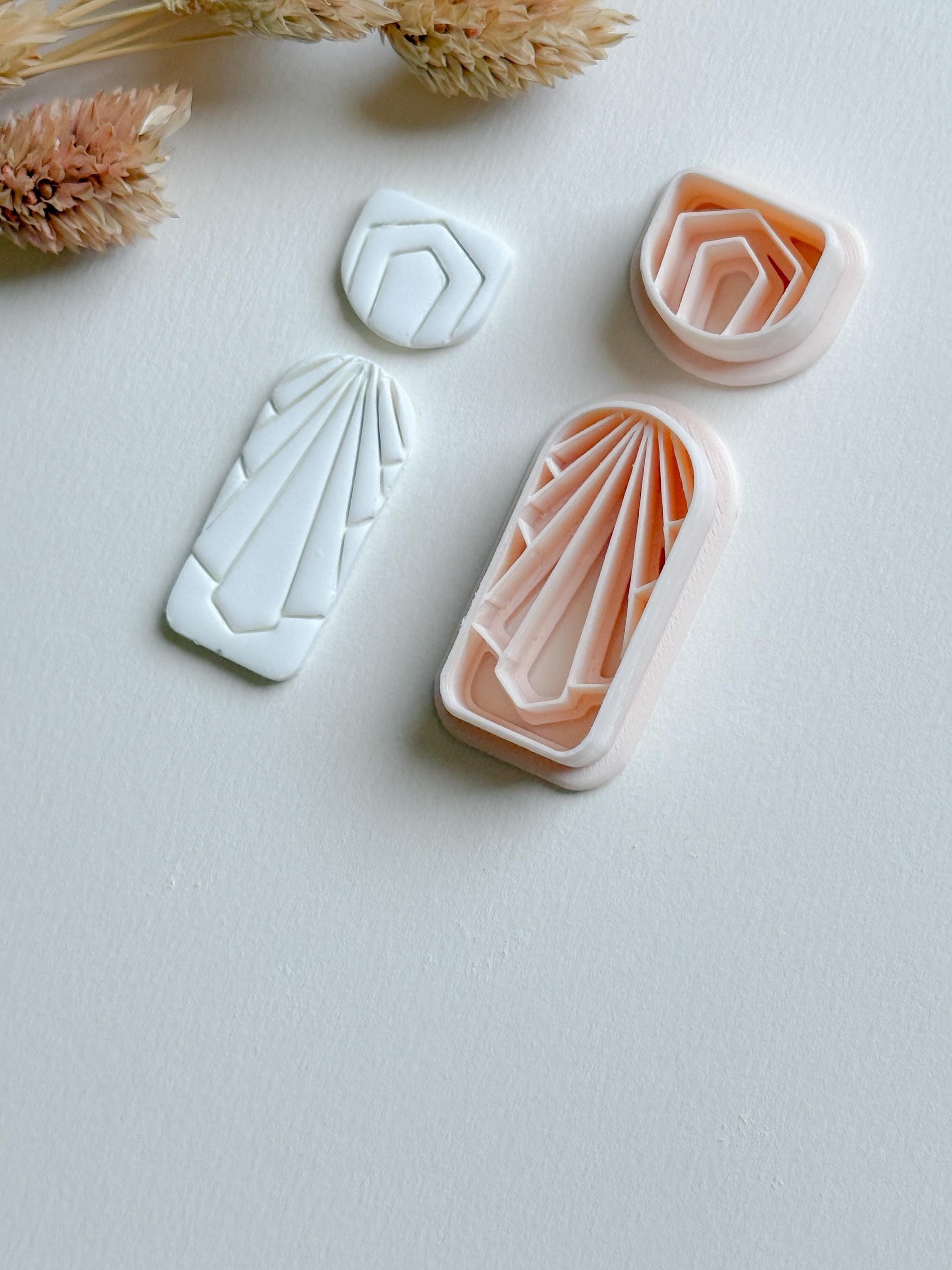 Art Deco Clay Cutter Set: Geometric Jewelry Molds - 34mm Base, 14mm Topper