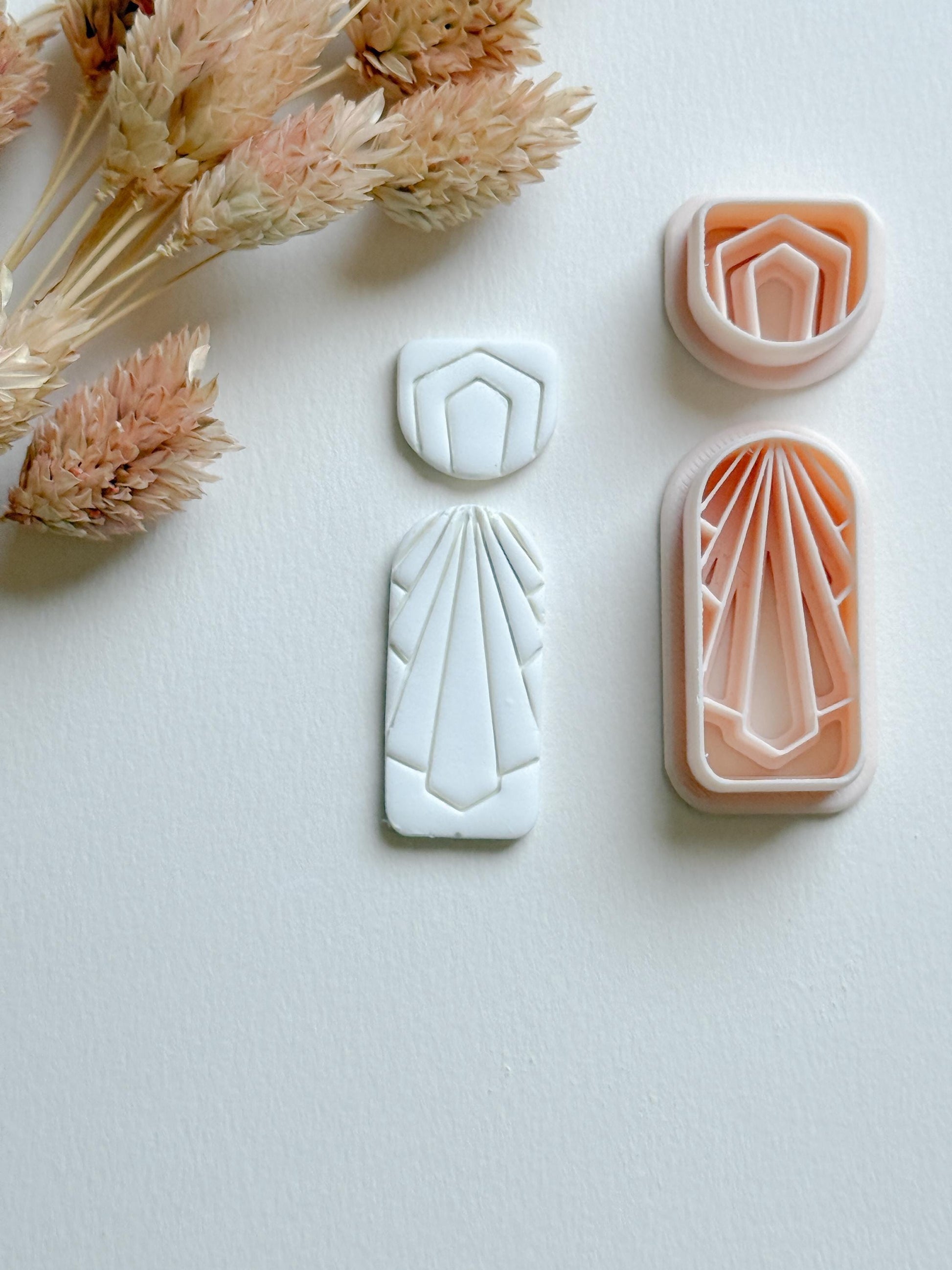 Art Deco Clay Cutter Set: Geometric Jewelry Molds - 34mm Base, 14mm Topper