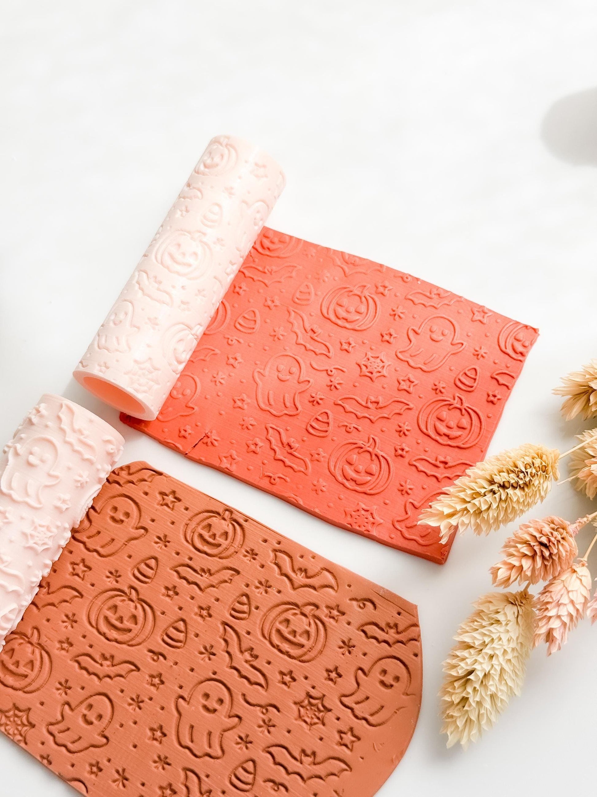 Halloween Clay Texture Roller: Ghost, Pumpkin & Bat Pattern - Polymer Clay Jewelry