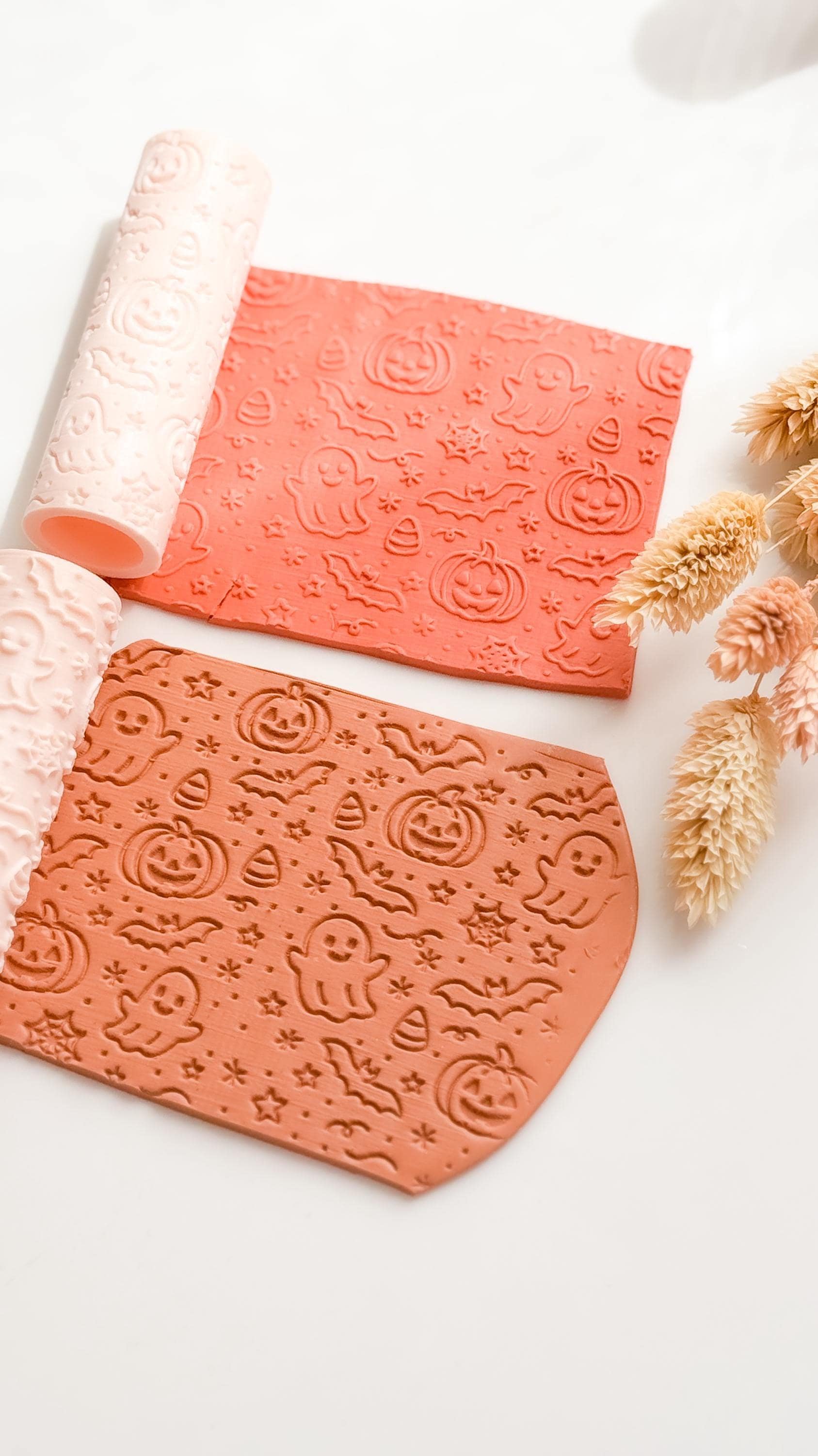 Halloween Clay Texture Roller: Ghost, Pumpkin & Bat Pattern - Polymer Clay Jewelry