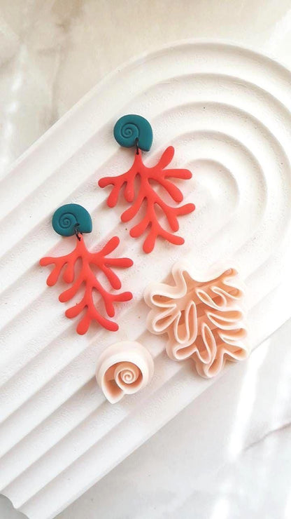 Coral Reef Earring Cutter Set Ocean Branch & Spiral Shell Polymer Clay Cutter Duo