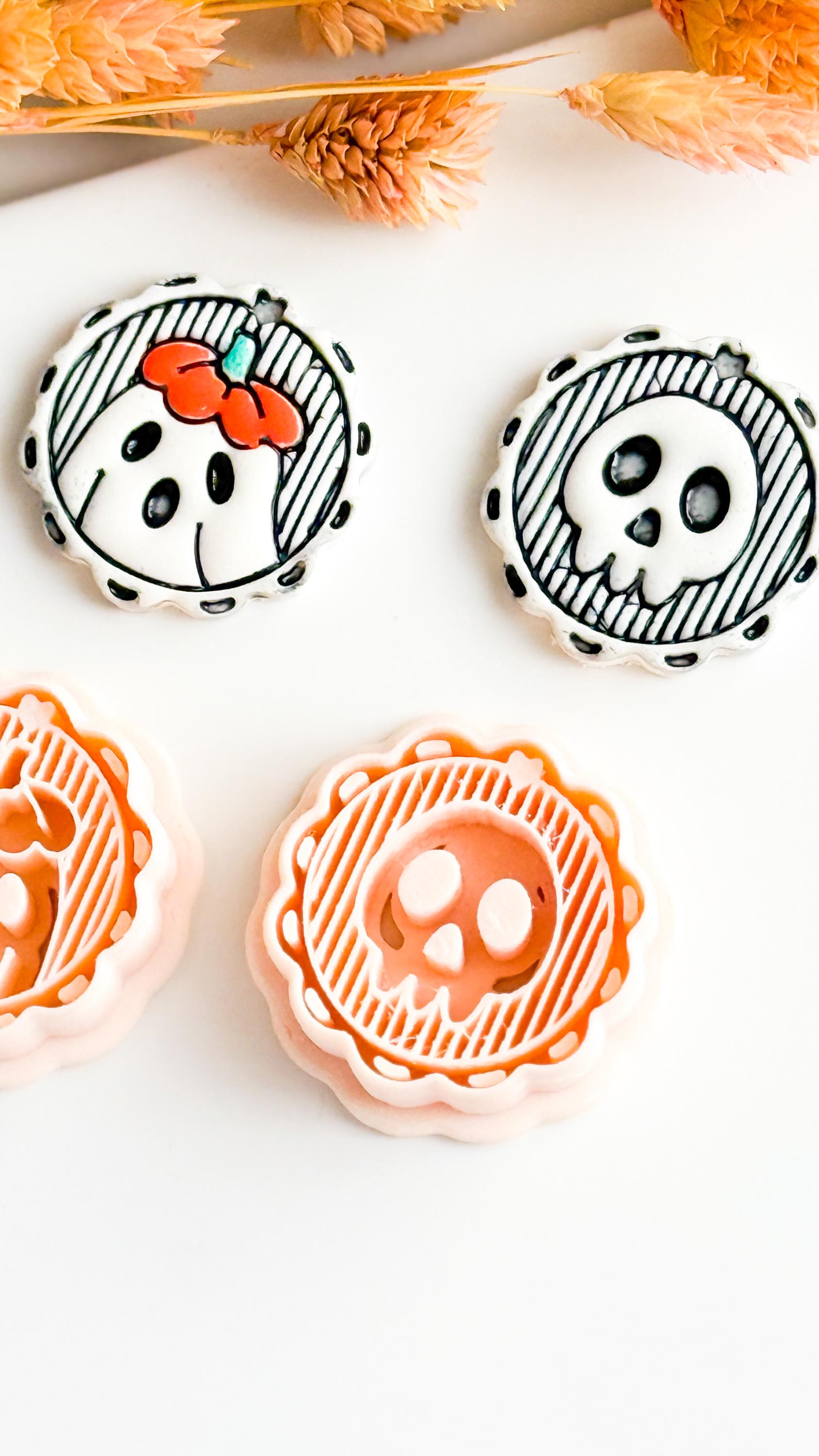 Skull & Floral Ghost Cameo Clay Cutter Set Cute Halloween Earring or Charm Cutter with Scalloped Frame