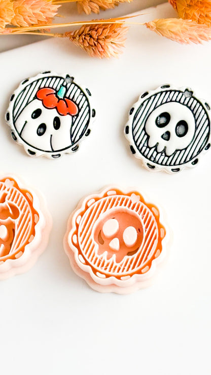 Skull & Floral Ghost Cameo Clay Cutter Set Cute Halloween Earring or Charm Cutter with Scalloped Frame