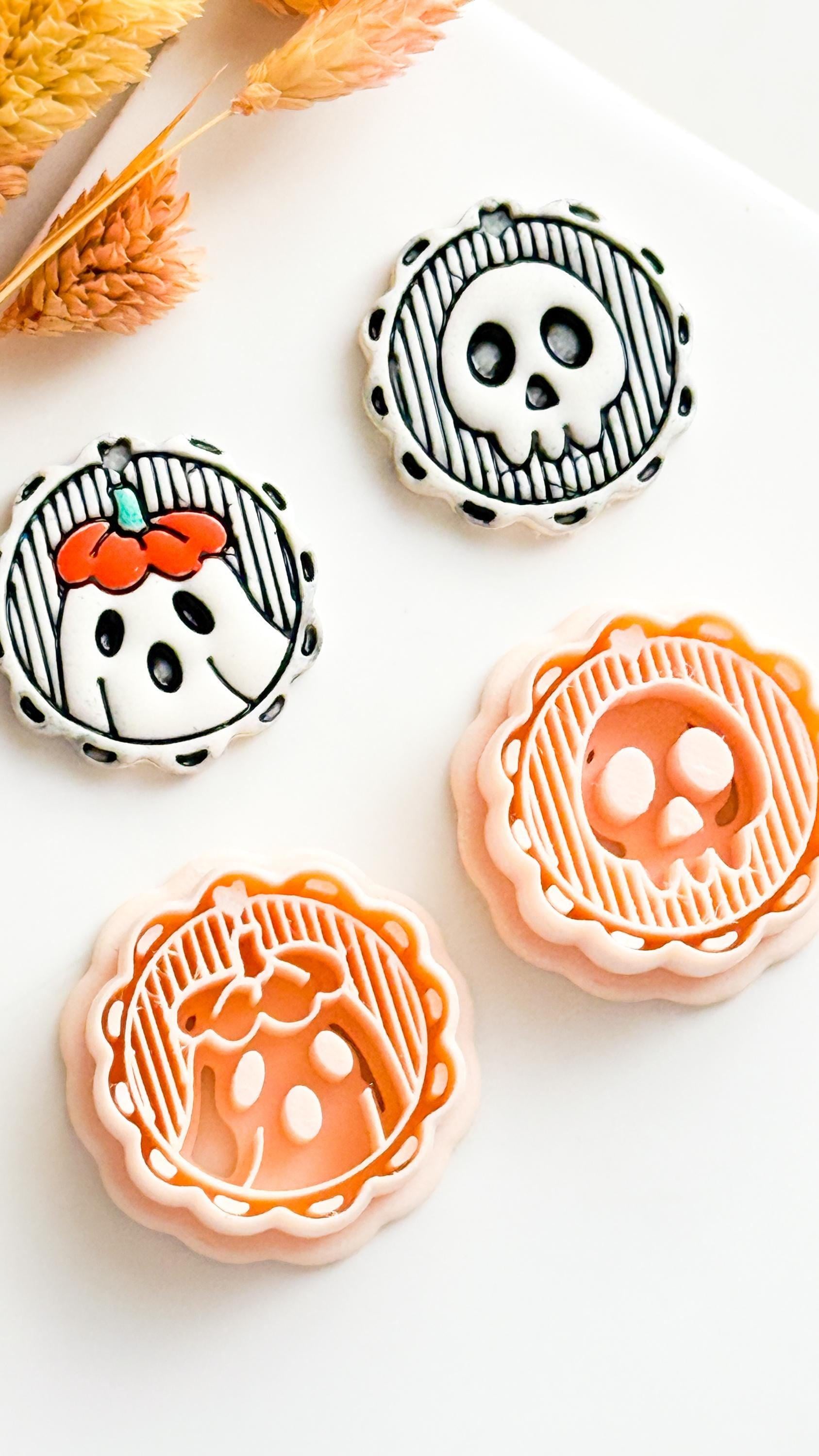 Skull & Floral Ghost Cameo Clay Cutter Set Cute Halloween Earring or Charm Cutter with Scalloped Frame