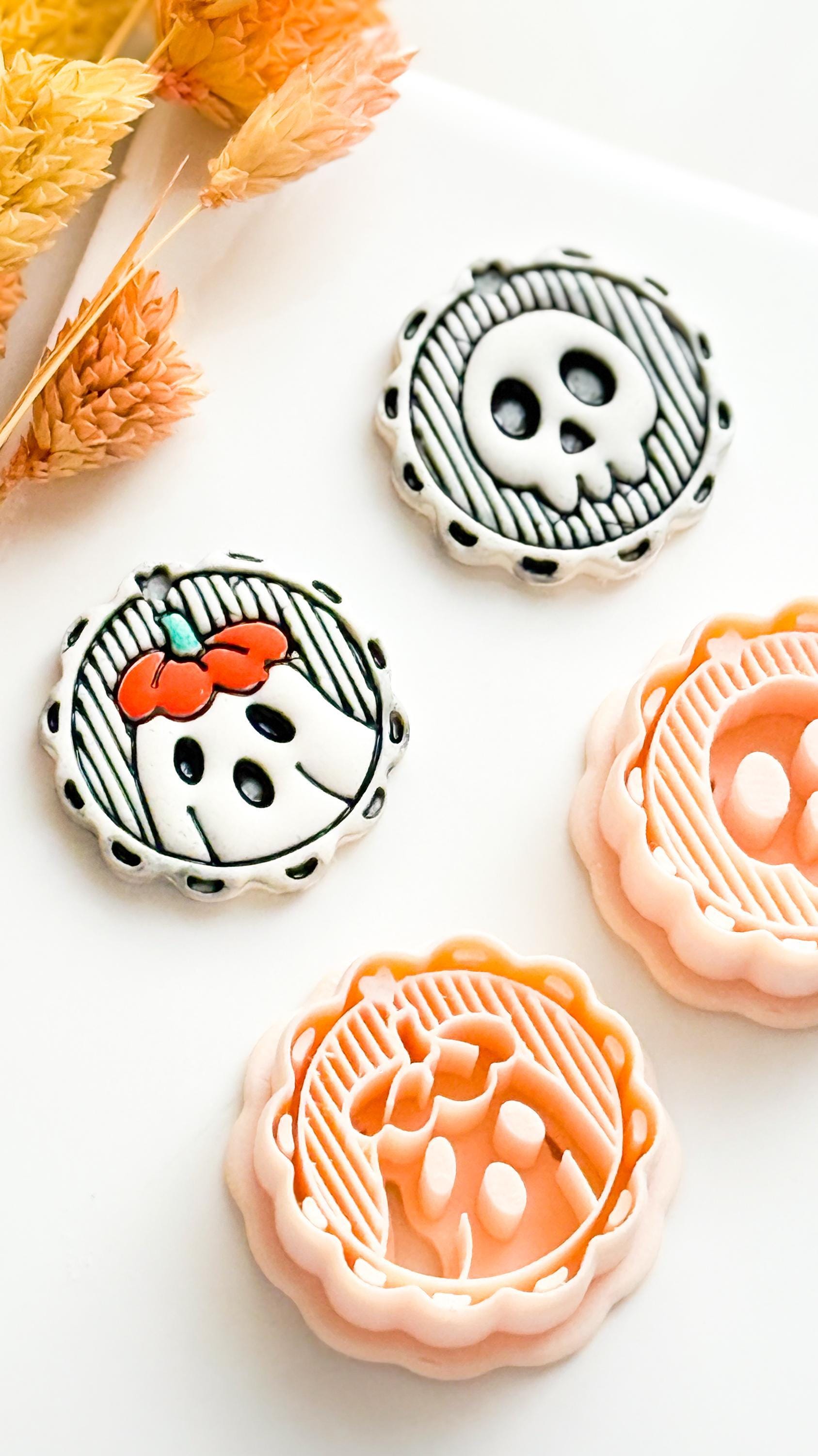 Skull & Floral Ghost Cameo Clay Cutter Set Cute Halloween Earring or Charm Cutter with Scalloped Frame
