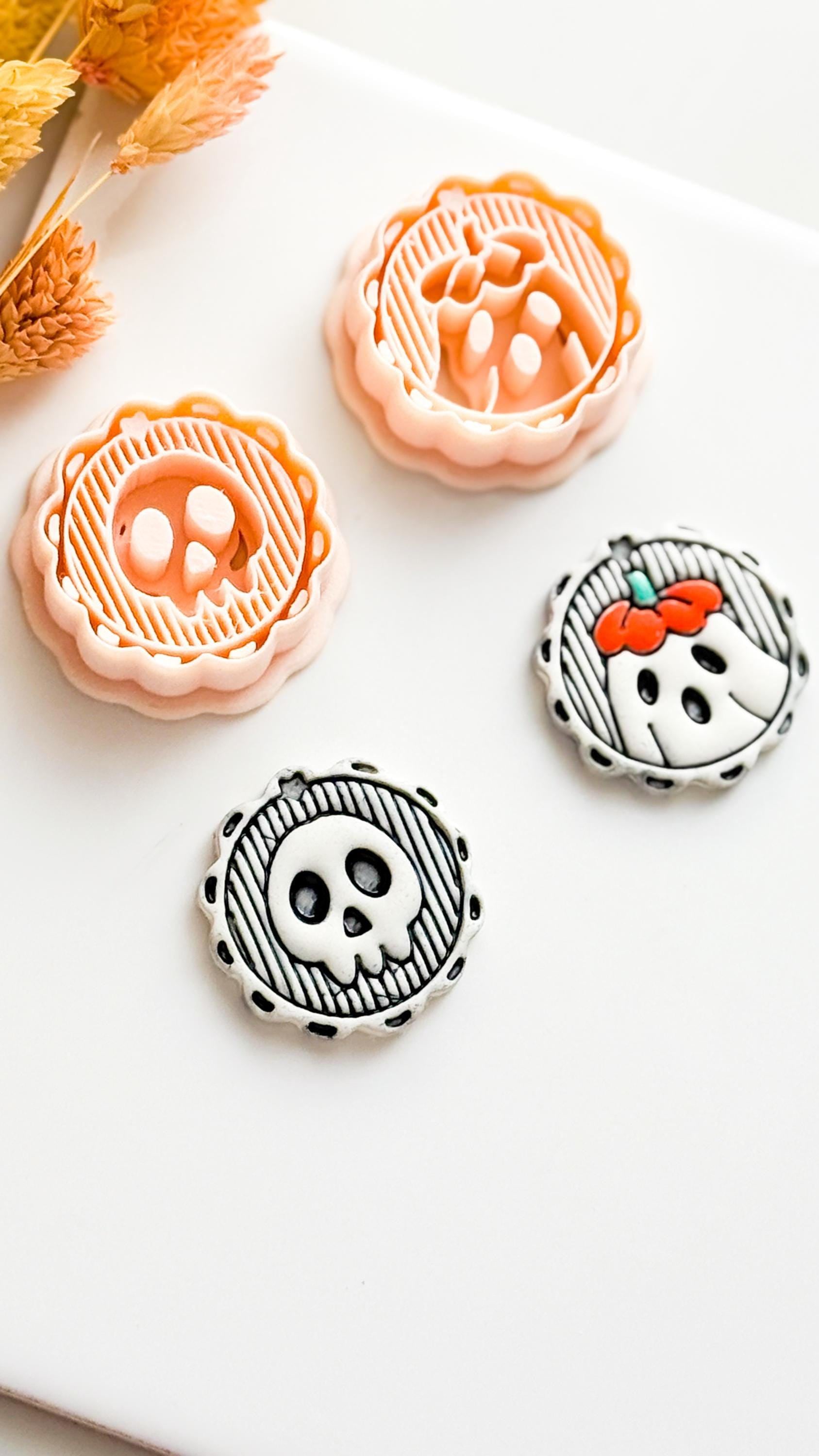 Skull & Floral Ghost Cameo Clay Cutter Set Cute Halloween Earring or Charm Cutter with Scalloped Frame