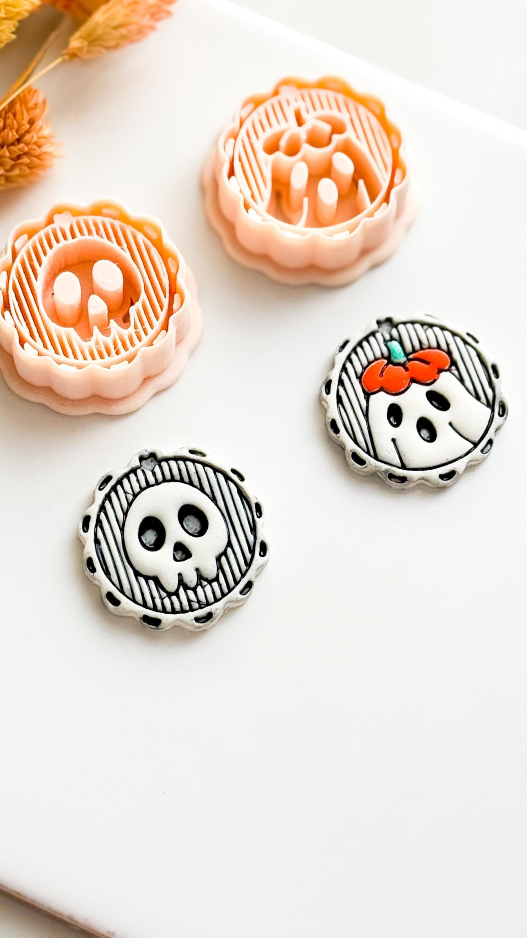 Skull & Floral Ghost Cameo Clay Cutter Set Cute Halloween Earring or Charm Cutter with Scalloped Frame