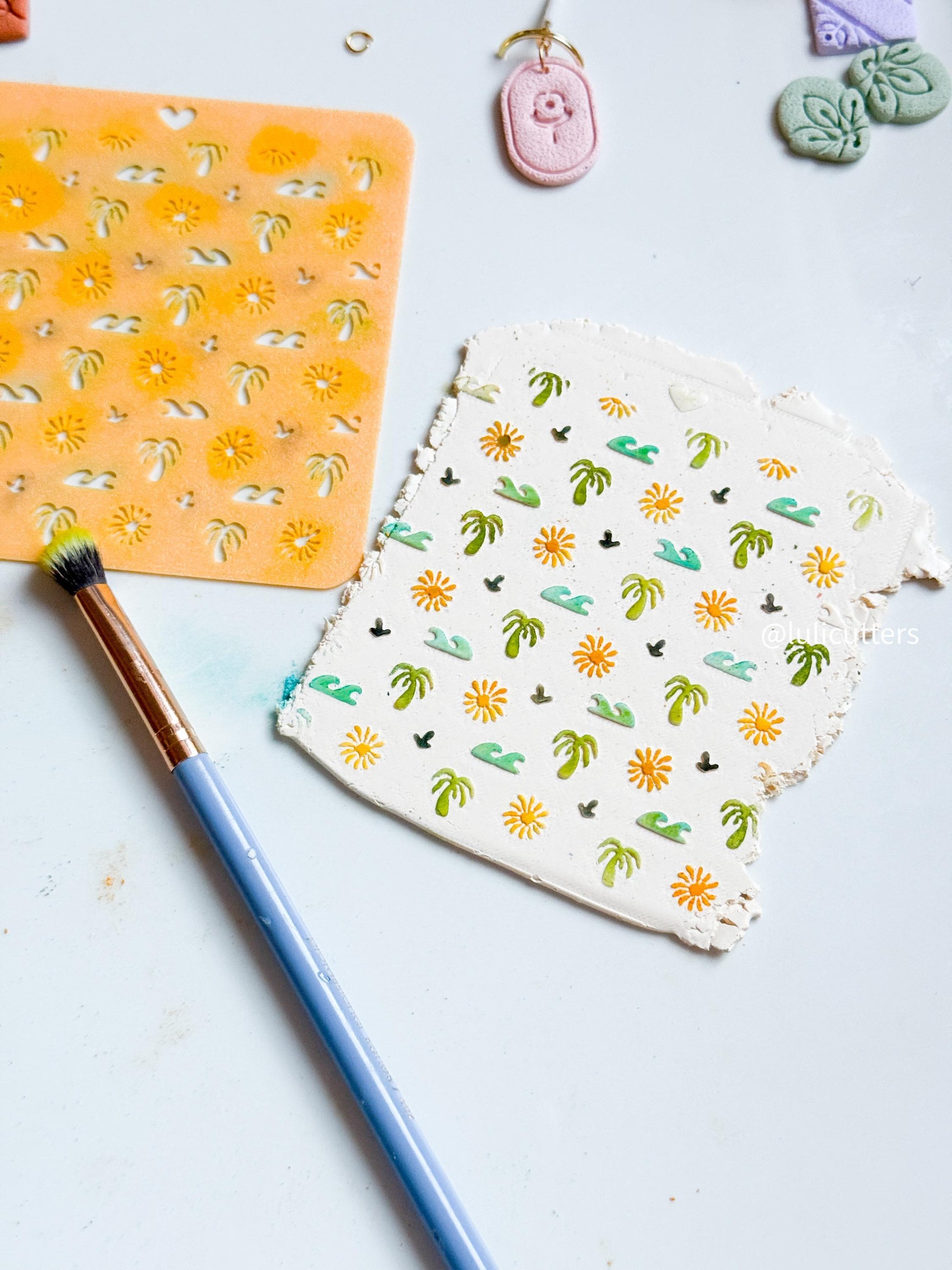 Tropical Summer Stencil Palm Tree, Waves & Sun Pattern for Polymer Clay