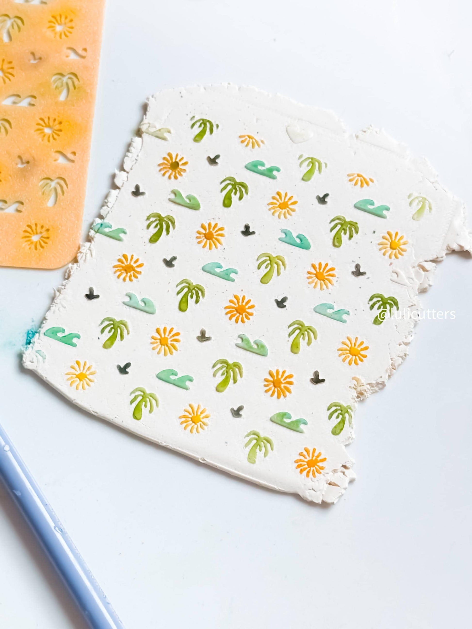 Tropical Summer Stencil Palm Tree, Waves & Sun Pattern for Polymer Clay