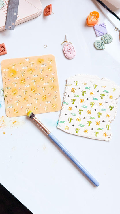 Tropical Summer Stencil Palm Tree, Waves & Sun Pattern for Polymer Clay