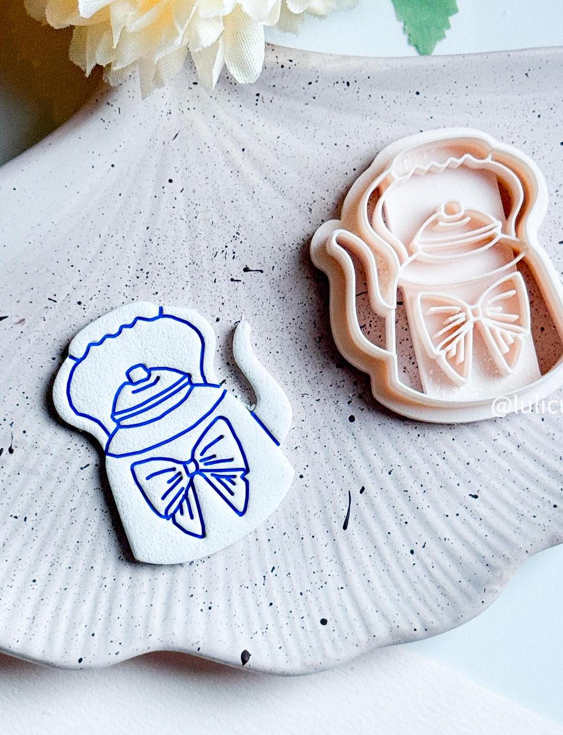 Teapot with Bow Cutter Whimsical Polymer Clay Earring or Charm Mold with Imprint