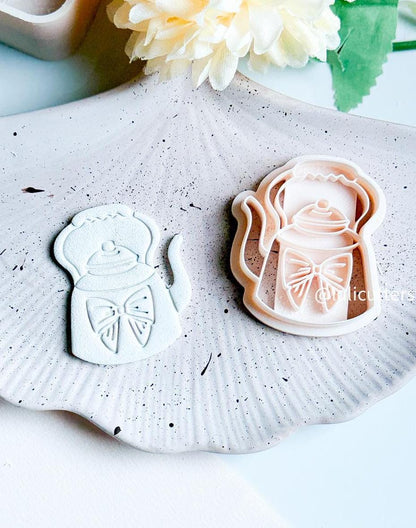 Teapot with Bow Cutter Whimsical Polymer Clay Earring or Charm Mold with Imprint