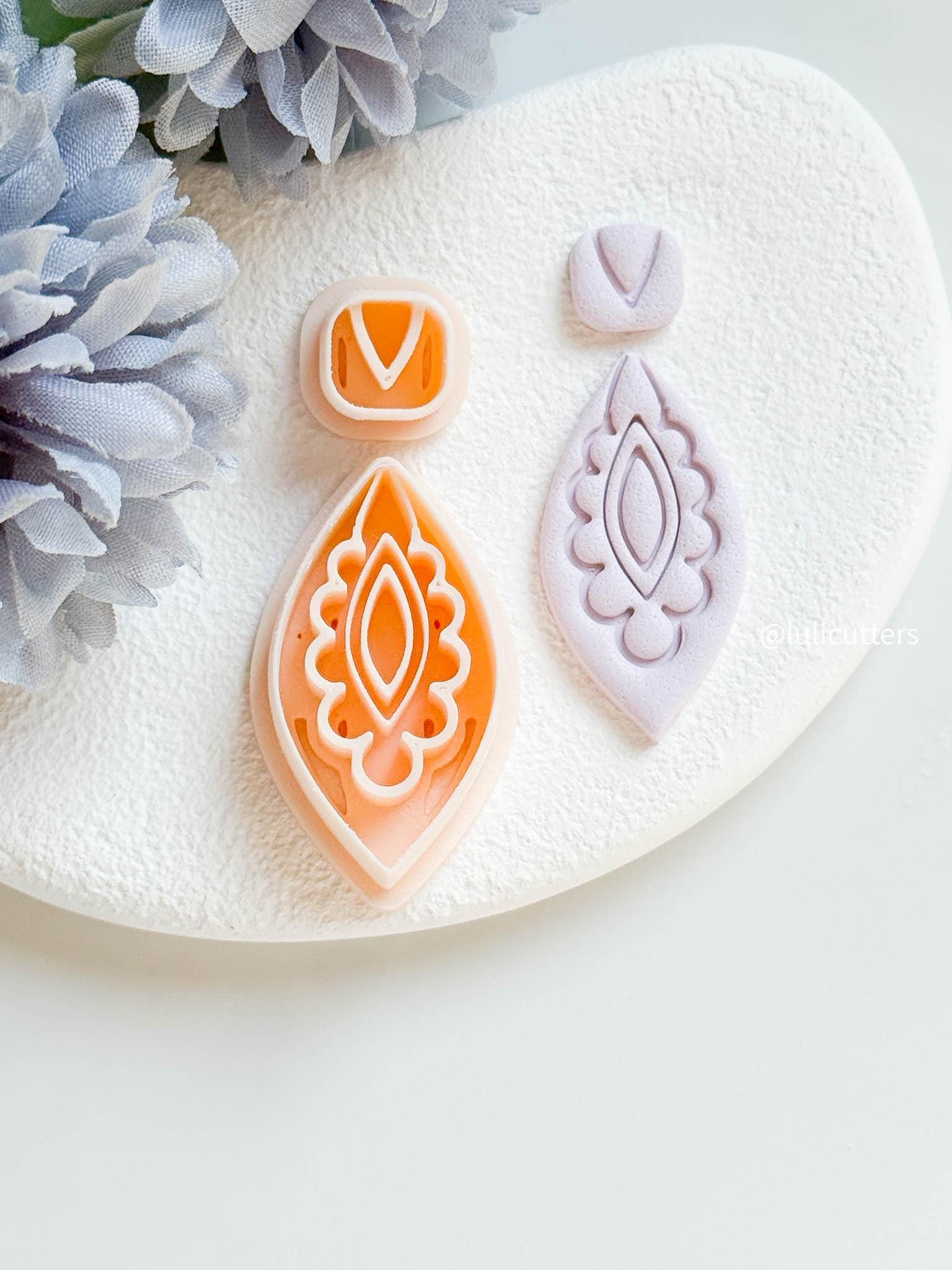 Boho Drop Shape Clay Earring Cutter Set Includes Ornate Base + Minimal Topper