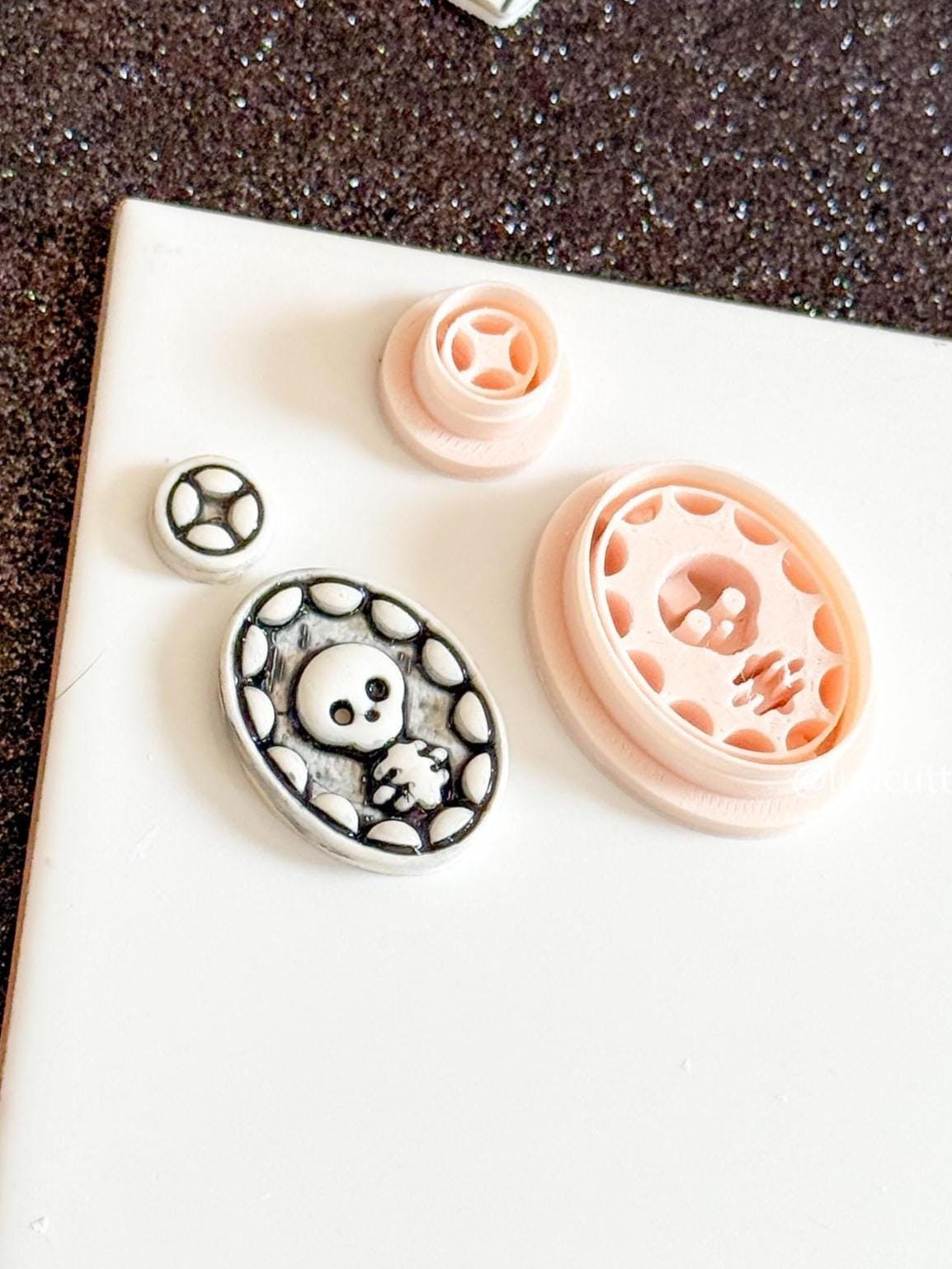 Skull Cameo Clay Earring - Charm Cutter Spooky Oval Frame with Matching Topper