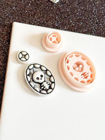 Skull Cameo Clay Earring - Charm Cutter Spooky Oval Frame with Matching Topper