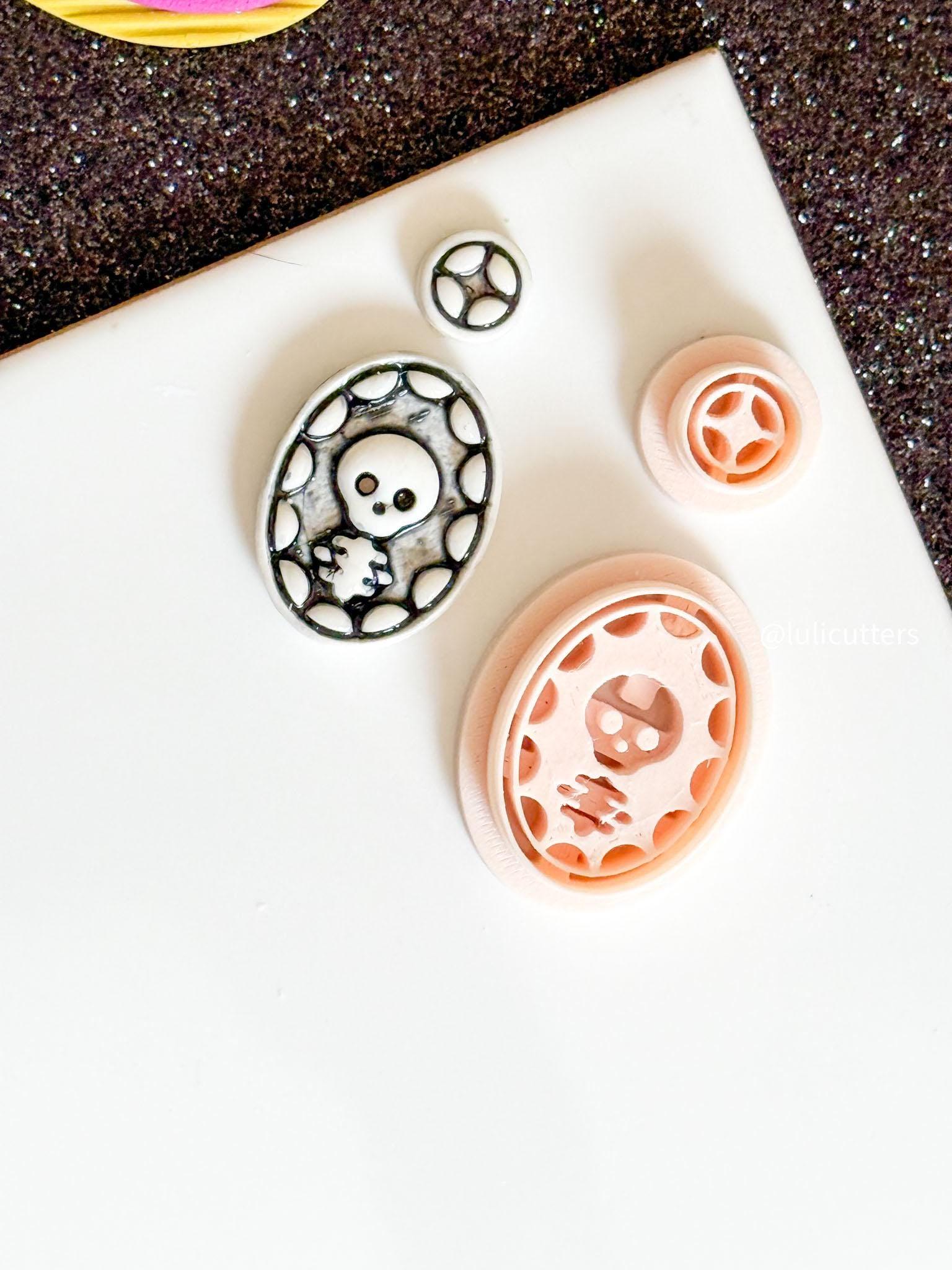 Skull Cameo Clay Earring - Charm Cutter Spooky Oval Frame with Matching Topper
