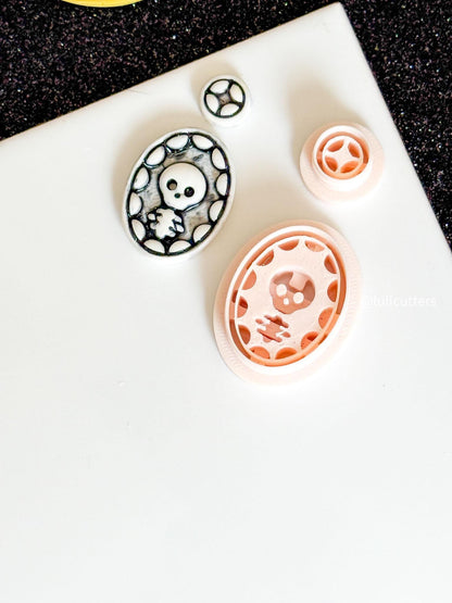 Skull Cameo Clay Earring - Charm Cutter Spooky Oval Frame with Matching Topper